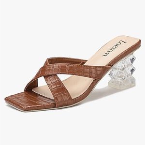 New without box loesan Women's Square Chunky Heels Sandals Block Lucite Clear